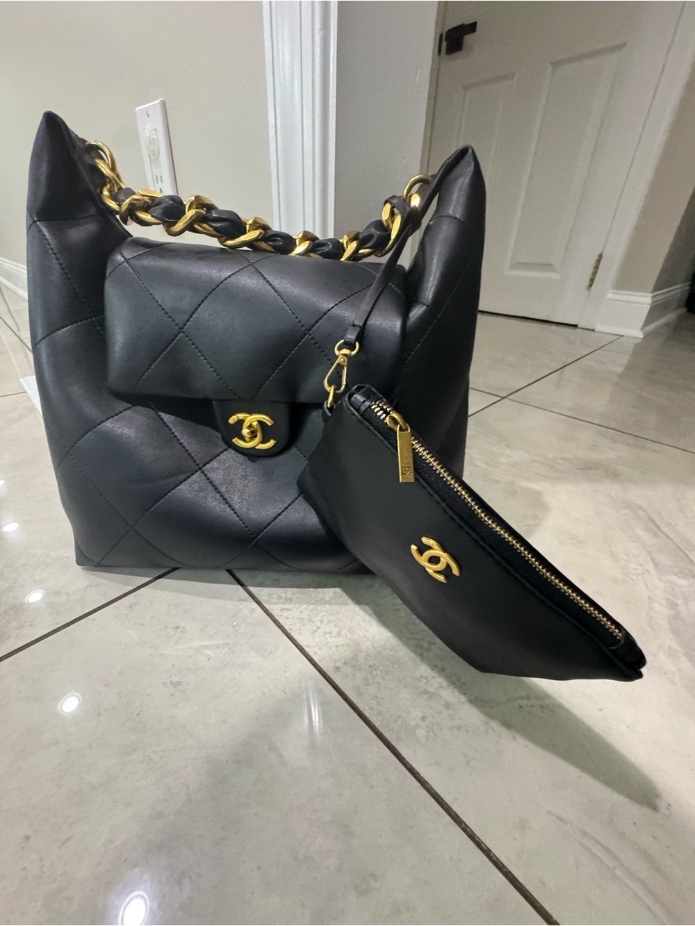 CHANEL  Jumbo Black Quilted Leather Shoulder Bag ,Gold Hardware +smaller wallet